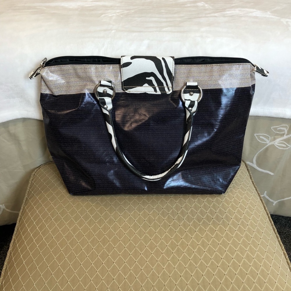 Tote bag, large vinyl, zipper closure zebra print 12” tall 19” wide